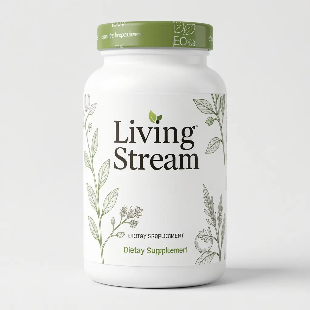 Living Stream dietary supplement bottle with natural ingredients for daily vitality and energy support
